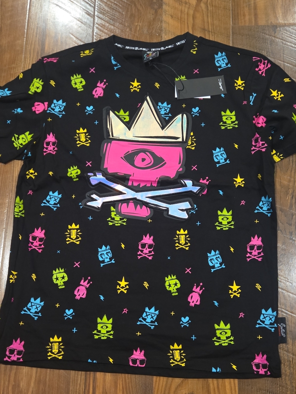 Men's Black Graphic Tee with Neon Skull Crown